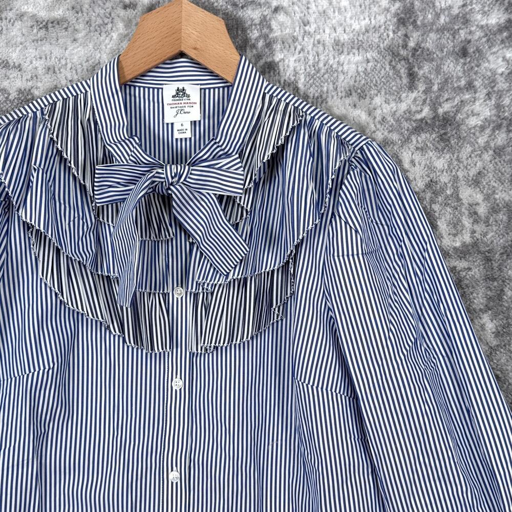 J Crew x Thomas Mason Button Down Shirt 6 Womens Ruffle Tiered Blue Striped Tie